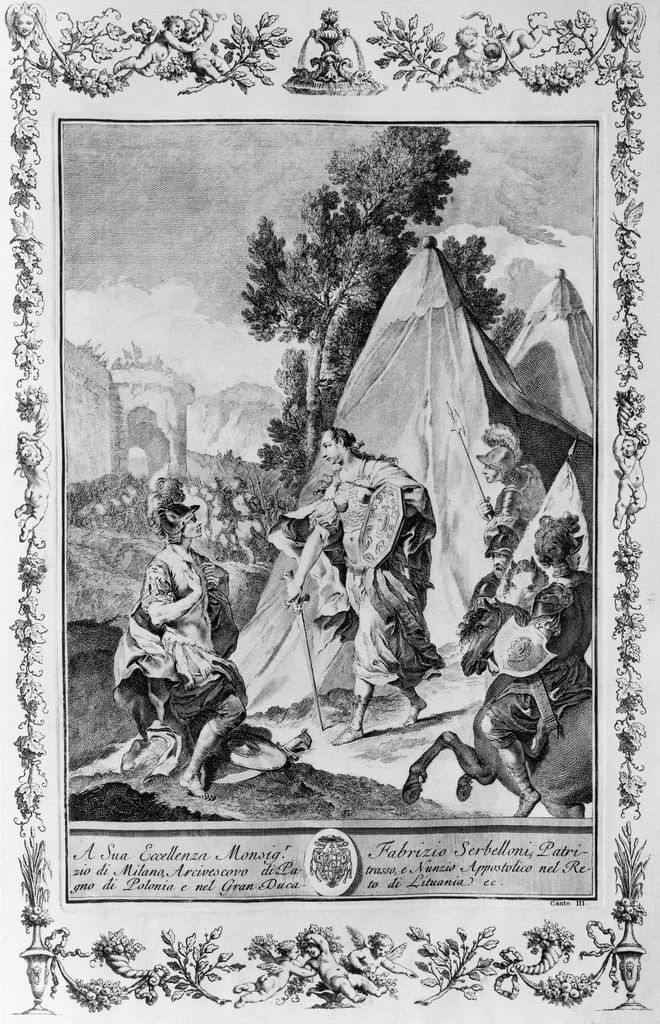 Giovan Battista Piazzetta - Crociati all'assedio di Gerusalemme, incisione di Giovanni Battista Piazzetta (1683, 1754) per il Canto III della Gerusalemme Liberata